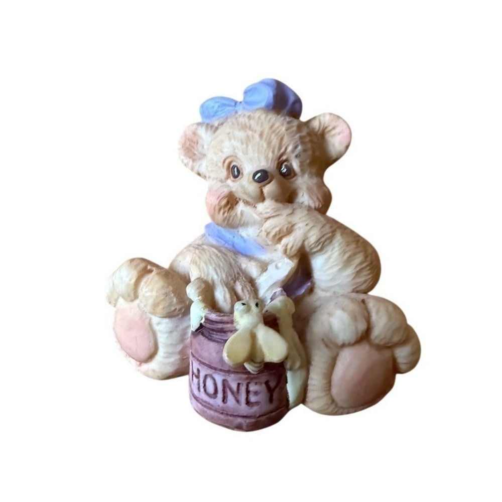 Cherished Teddies Mini Teddy Bear Figurine Honey Pot Bees Blue Bow resin statue